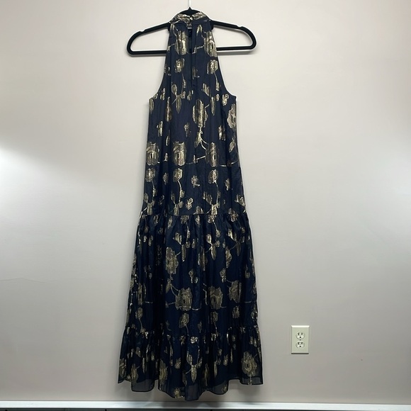 NWOT Express Halter Tiered Maxi Dress Black and Metallic Gold Floral Rose XS - Picture 4 of 15
